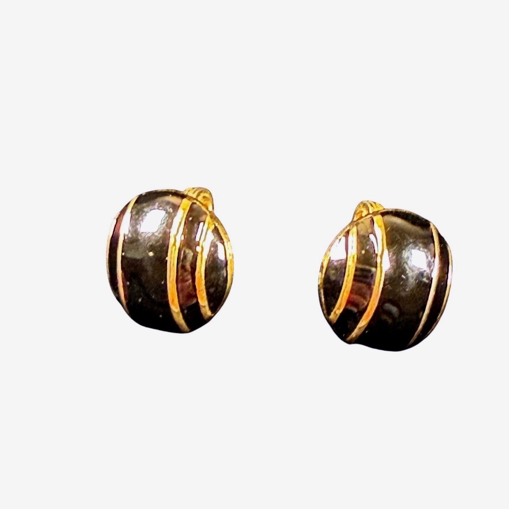 Monet Vintage Black Enamel Gold Tone Clip On Earrings Dome Statement
